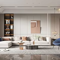 Modern Living Room Interior With L Shaped Sofa Cushions Blue Accent Chair And Bookshelf