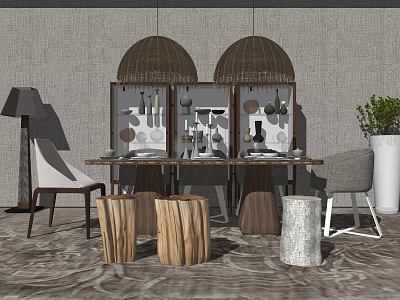 Rustic Dining Table Set With Wooden Stools Woven Pendant Lights And Green Plants 3d model