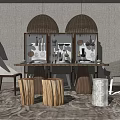 Rustic Dining Table Set With Wooden Stools Woven Pendant Lights And Green Plants