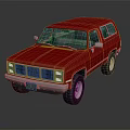 Red Vintage SUV with Classic Front Grille and Rugged Off Road Tires