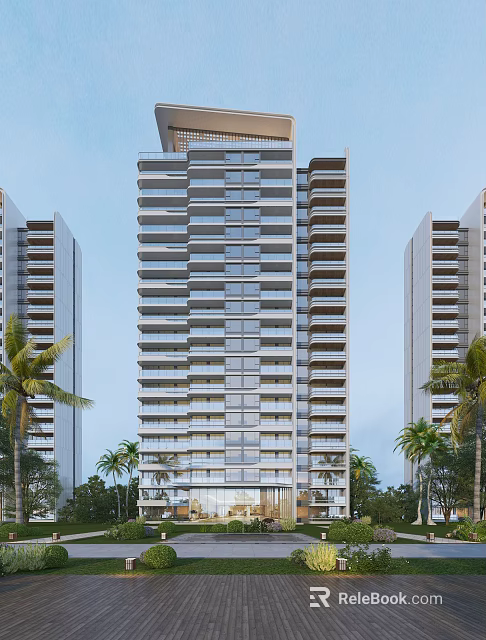 Modern High Rise Residential Building Exterior With Palm Trees and Blue Sky 3d model 