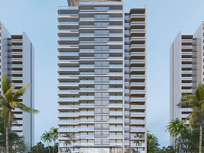 Modern High Rise Residential Building Exterior With Palm Trees and Blue Sky 3d model