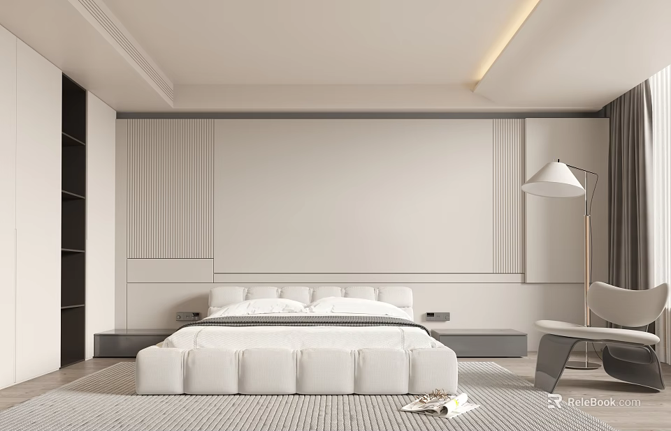 Modern Bedroom Interior With White Bed Striped Accent Wall Black Bookshelf And Floor Lamp 3d model 