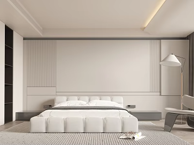 Modern Bedroom Interior With White Bed Striped Accent Wall Black Bookshelf And Floor Lamp 3d model