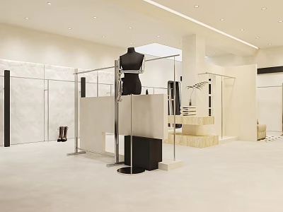Modern Clothing Store Interior With Minimalist Design White Beige Walls Display Racks And Black Mannequin 3d model