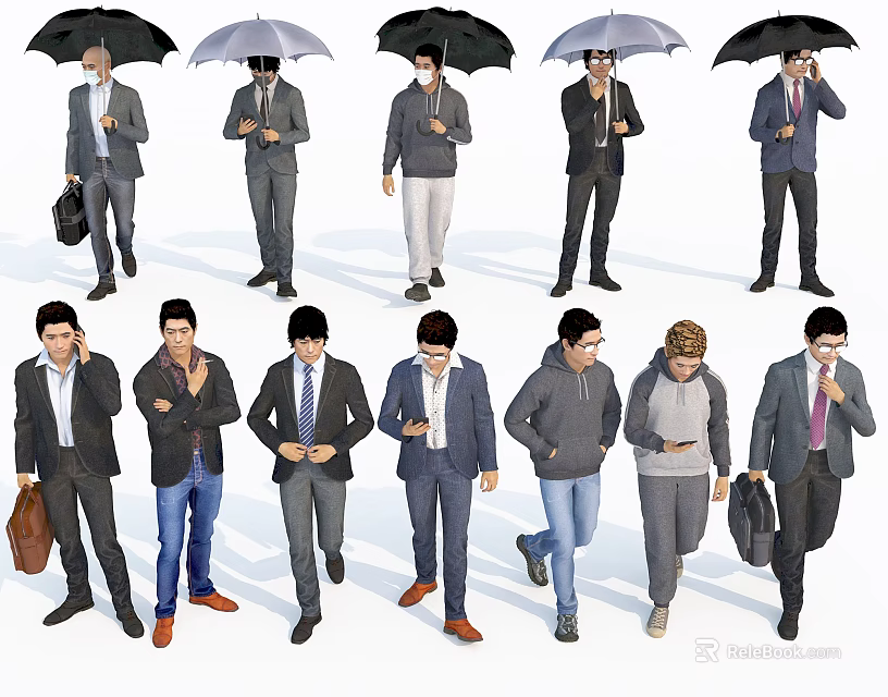 Men Walking Holding Umbrellas Talking On Phones Checking Phones Carrying Bags 3d model 