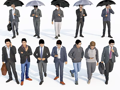 Men Walking Holding Umbrellas Talking On Phones Checking Phones Carrying Bags 3d model