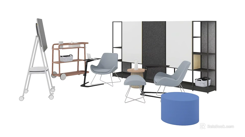 Modern Table and Chair Combination With Gray Chairs Blue Stool and Wooden Shelves 3d model 