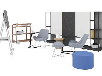 Modern Table and Chair Combination With Gray Chairs Blue Stool and Wooden Shelves 3d model