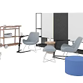Modern Table and Chair Combination With Gray Chairs Blue Stool and Wooden Shelves