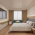 Modern Hotel Room With Comfortable Bed Wooden Elements And Window Curtains 3d model