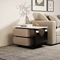 Modern Beige Sofa And Coffee Table Set With Marble Top Black Frame And Decorative Items 3d model
