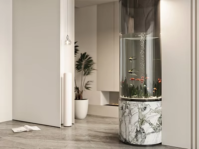 Cylindrical Aquarium With Marble Base Colorful Fish And Green Plants In Modern Interior 3d model