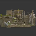Modern Ancient Ruins Courtyard With Buddha Statue Stone Structures And Green Plants