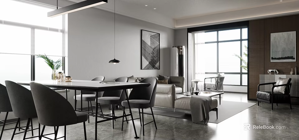 Modern Dining Living Room Interior With Dining Table Chairs Sofa And Floor To Ceiling Windows 3d model 