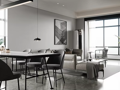 Modern Dining Living Room Interior With Dining Table Chairs Sofa And Floor To Ceiling Windows 3d model