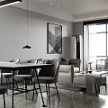 Modern Dining Living Room Interior With Dining Table Chairs Sofa And Floor To Ceiling Windows