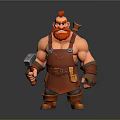 Muscular Man With Red Hair And Beard Holding Hammer And Axe In Overalls