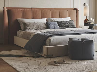 Modern Double Bed with Brown Upholstered Headboard Decorative Pillows Gray Footstool and Slippers on Carpet 3d model