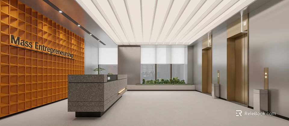 Elegant Front Desk Reception Area With Gray Desk Orange Wall White Ceiling Windows And Green Plants 3d model 
