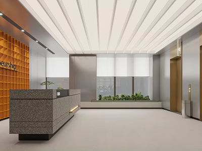 Elegant Front Desk Reception Area With Gray Desk Orange Wall White Ceiling Windows And Green Plants 3d model