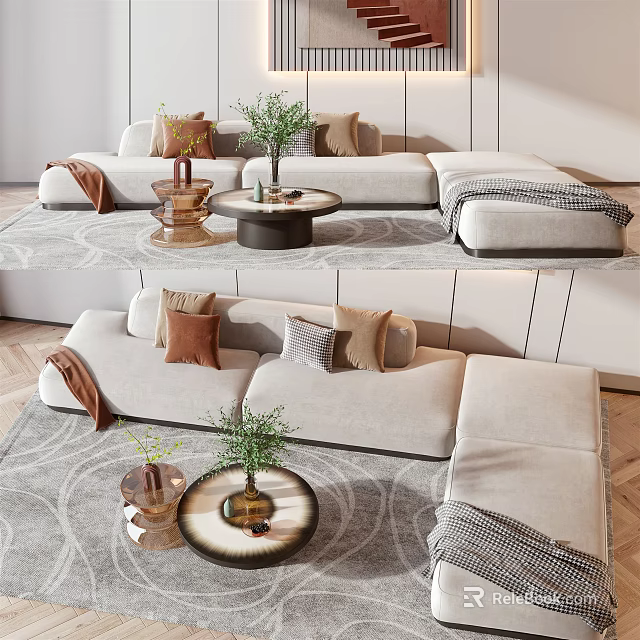 Light Beige Sectional Sofa With Decorative Pillows Green Plants And Round Coffee Tables 3d model 