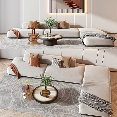 Light Beige Sectional Sofa With Decorative Pillows Green Plants And Round Coffee Tables 3d model