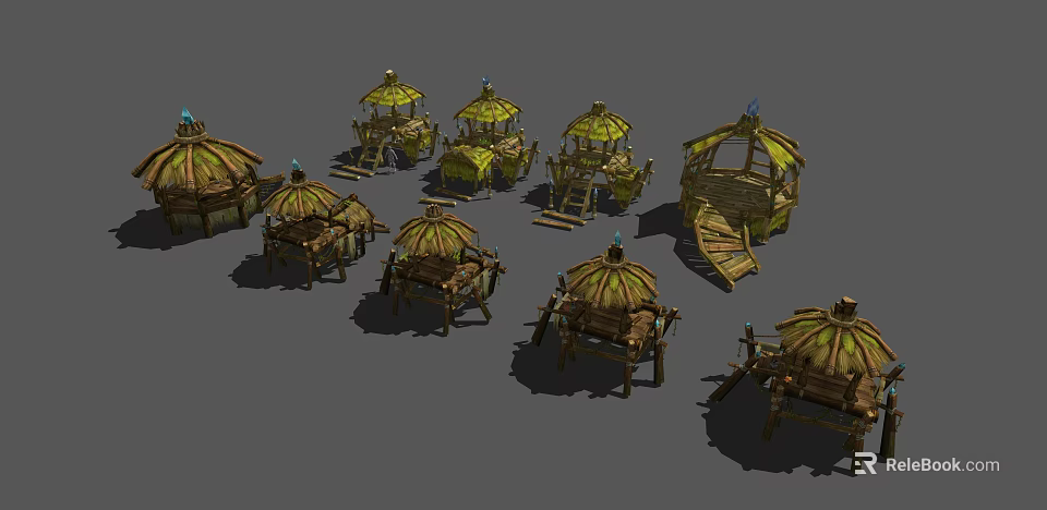 Traditional Thatched Huts With Rustic Wooden Frames And Unique Designs 3d model 