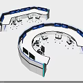 Curved Office Desk Workstation With Multiple Blue Monitors And Office Chairs