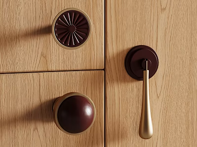 Various Stylish Door Handles With Dark Red And Gold Accents On Wooden Cabinets 3d model