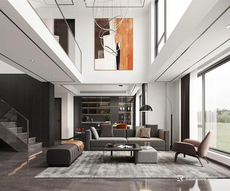 Duplex Living Room Spacious Design With Double Height Ceiling Large Windows Gray Sofa Brown Armchair 3d model 
