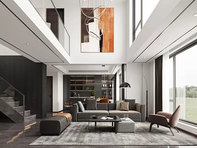 Duplex Living Room Spacious Design With Double Height Ceiling Large Windows Gray Sofa Brown Armchair 3d model