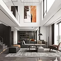 Duplex Living Room Spacious Design With Double Height Ceiling Large Windows Gray Sofa Brown Armchair