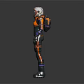 Astronaut In Orange Black Spacesuit With Helmet Standing On Dark Reflective Floor