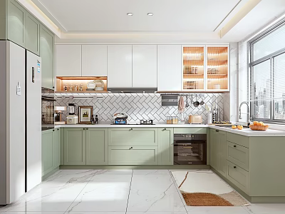 Modern Kitchen With Green And White Cabinets Herringbone Tile Backsplash Marble Floor Window And Appliances 3d model