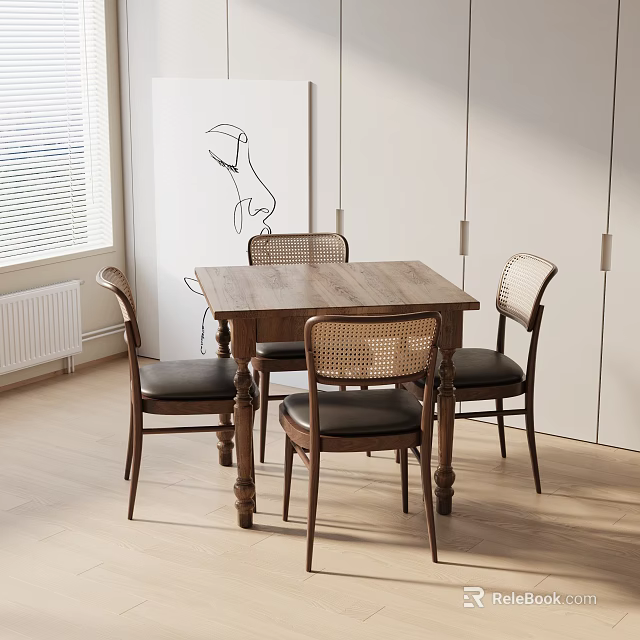 Wooden Dining Table Set With Four Rattan Backrest Chairs And Black Cushions In Light Room 3d model 