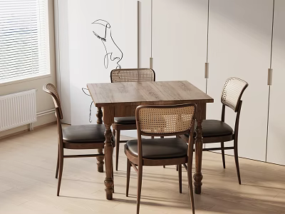 Wooden Dining Table Set With Four Rattan Backrest Chairs And Black Cushions In Light Room 3d model