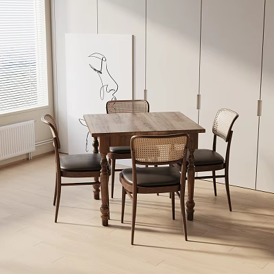 Wooden Dining Table Set With Four Rattan Backrest Chairs And Black Cushions In Light Room 3d model