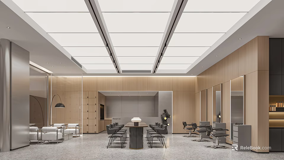 Modern Beauty Hair Salon Interior With Styling Chairs Wall Mirrors And Wooden Design 3d model 