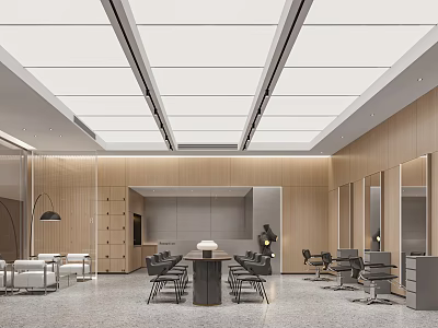 Modern Beauty Hair Salon Interior With Styling Chairs Wall Mirrors And Wooden Design 3d model