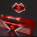 Red DJ Bar Counter With Neon Heart Lotus Logo And Equipment Drinks