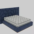 Double Bed With Blue Diamond Tufted Upholstered Headboard And Gray Mattress