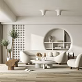 Modern Living Room Interior With White Sofa Armchairs Coffee Table Plants And Wall Decor