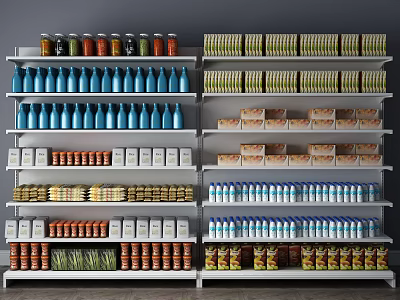 Organized Retail Display Shelves Stocked With Various Beverages Canned Foods And Boxed Products 3d model