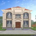 Classic Two Story Detached Villa With Red Tile Roof Arched Windows And Landscaped Garden
