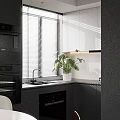 Modern Kitchen Interior With Black Cabinets Window Blinds White Countertop And Green Plant