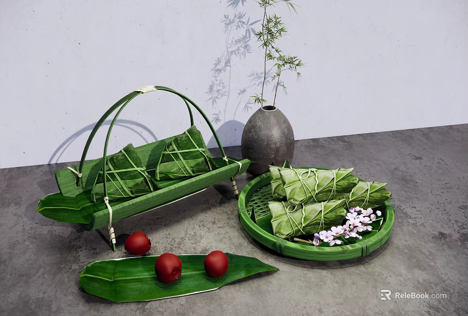 Traditional Glutinous Rice Dumplings Wrapped In Reed Leaves With Red Dates And Bamboo Basket 3d model 