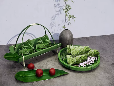 Traditional Glutinous Rice Dumplings Wrapped In Reed Leaves With Red Dates And Bamboo Basket 3d model