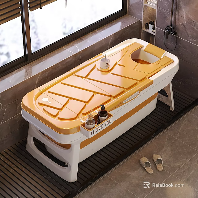 Modern Yellow And White Bathtub With Grooved Design Toiletries Nearby Slippers In Bathroom 3d model 