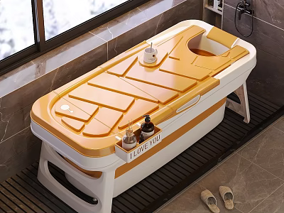 Modern Yellow And White Bathtub With Grooved Design Toiletries Nearby Slippers In Bathroom 3d model